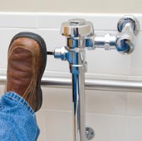 flushing a bathroom toilet with the foot