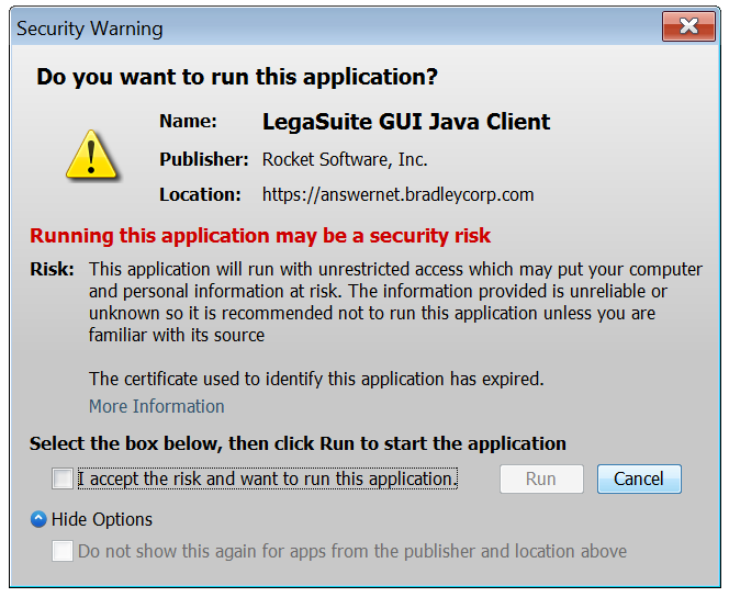 Java Security Warning - Do you want to run this application?