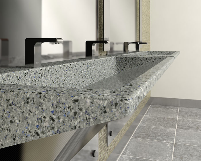 Verge R-Series Lavatory system made with sharp lines and Evero Natural Quartz Surface