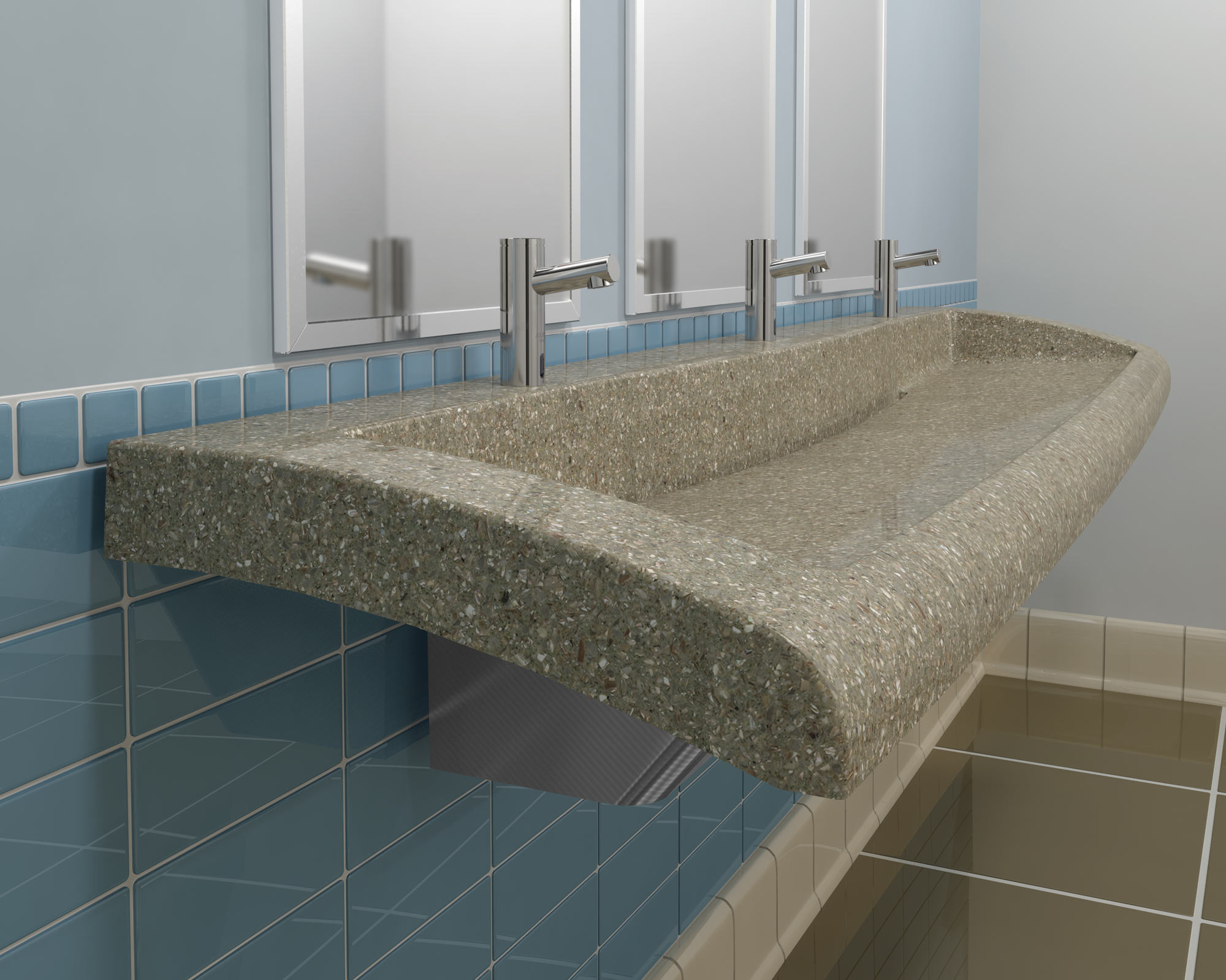Verge G-Series Lavatory system made with a gentle slope and Evero Natural Quartz Surface