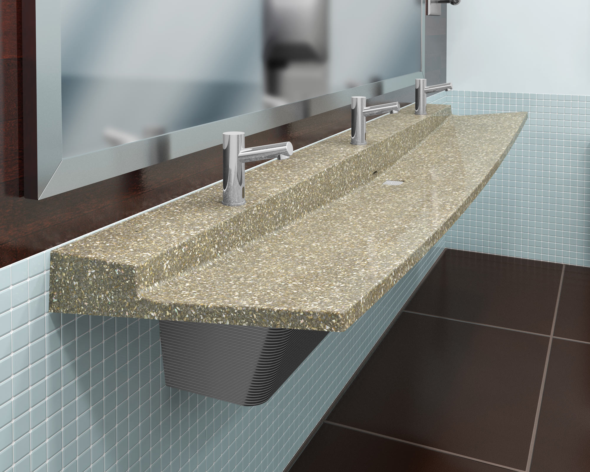 Verge L-Series Lavatory system made with gentle curves and Evero Natural Quartz Surface