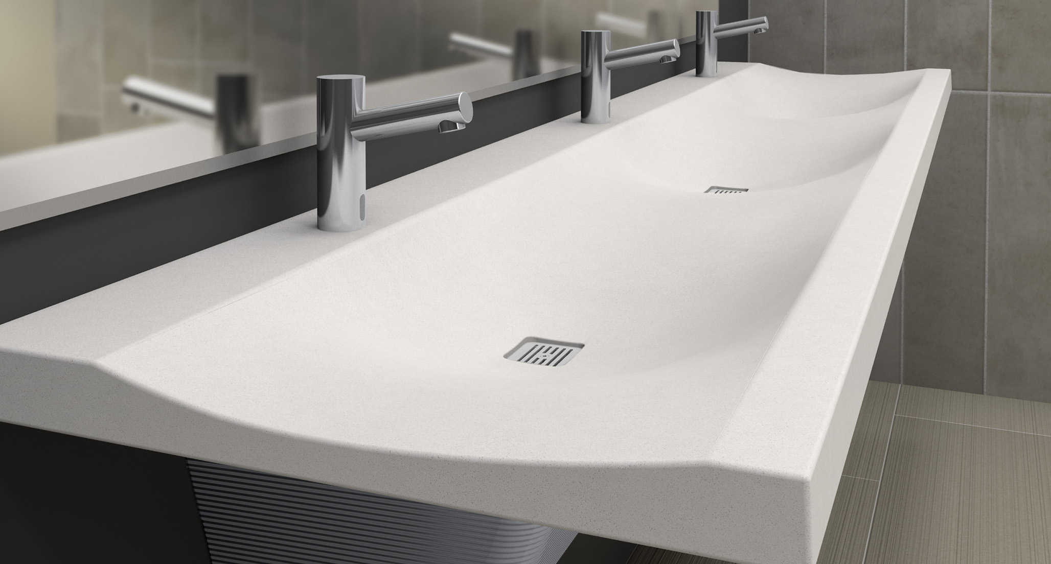 Verge LVS-Series Lavatory system made with gentle curves and Evero Natural Quartz Surface